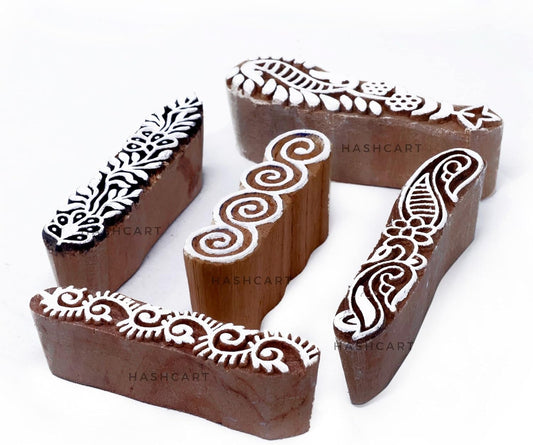 Hashcart | Set of 5 | Finger Shapes Wooden Printing Stamps for Saree Border Heena Clay Kids Art Project, Tattoo Handcarved Indian Textile Printing Blocks