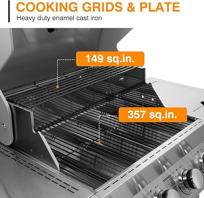 4 Burner Propane Gas Grill with Side Burner, Stainless Steel Gas Grill with Built-in thermometer & Enameled Cast Iron Grates, 58,000 BTUs Output for Outdoor Cooking and Patio Backyard Barbecue