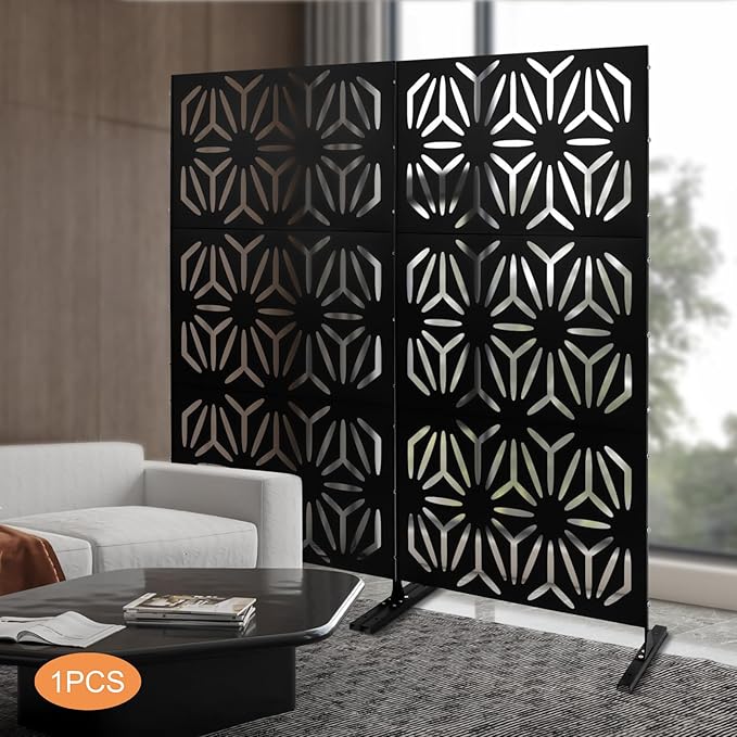 Metal Outdoor Privacy Screen with Stand,Freestanding Privacy Screen & Panels, Decorative Outdoor Divider with Stand Panels for Deck Patio Balcony (35.4 * 15.75 * 74.8in)