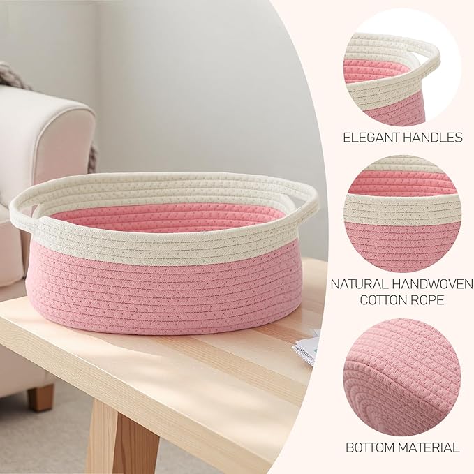 Woven Basket,Small Rope Storage Bin with Handles & Ribbon Bag, Organizer for Shelves Closets,Gift Basket Empty for Birthday,Books,Dog Toys, White&Pink