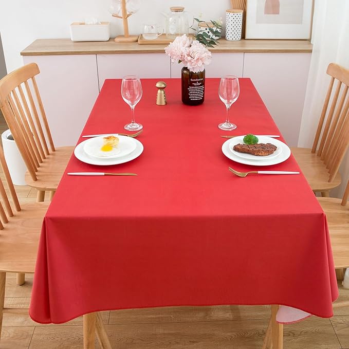 LIBERECOO Vinyl Tablecloth with Flannel Backing, Red, Waterproof, Stain-Resistant, Easy-Clean Table Cover for Holiday, Dining, Kitchen, and Outdoor Use, 60" x 60" Square