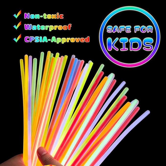 100 Pcs Glow Sticks Bulk, 8" Glow in the Dark Party Supplies - Neon Glow Stick Bracelets & Necklaces for Festivals, Concerts, Raves, Night Clubs, Halloween, Christmas, Birthdays