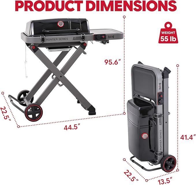 Portable Propane Gas Grill with Folding Cart & 13000 BTUs Burner, 360 Sq. In. Cast Iron Cooking Grates, Side Table, 8" Wheels, Stainless Grease Tray for Outdoor BBQ, Camping & Tailgating, Black