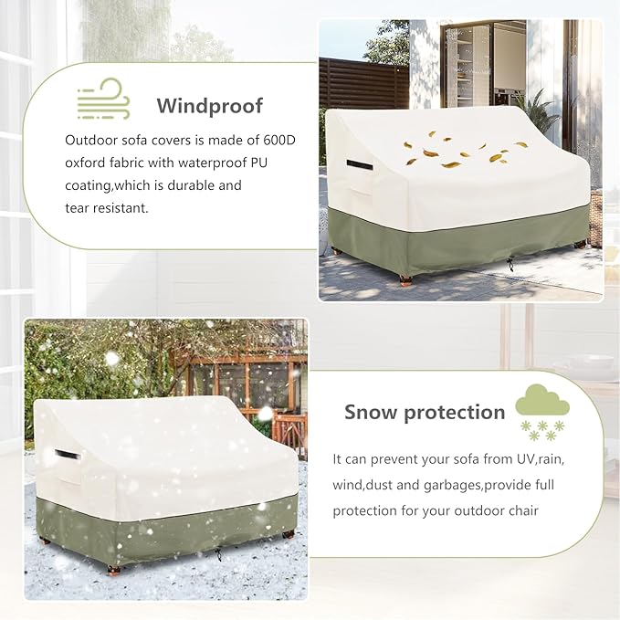 2-Seater Patio Sofa Cover,58 W x 32.5 D x 31 H Inches Outdoor Couch Cover,600D Heavy Duty Waterproof Outdoor Sofa Covers,Patio Furniture Covers,Beige