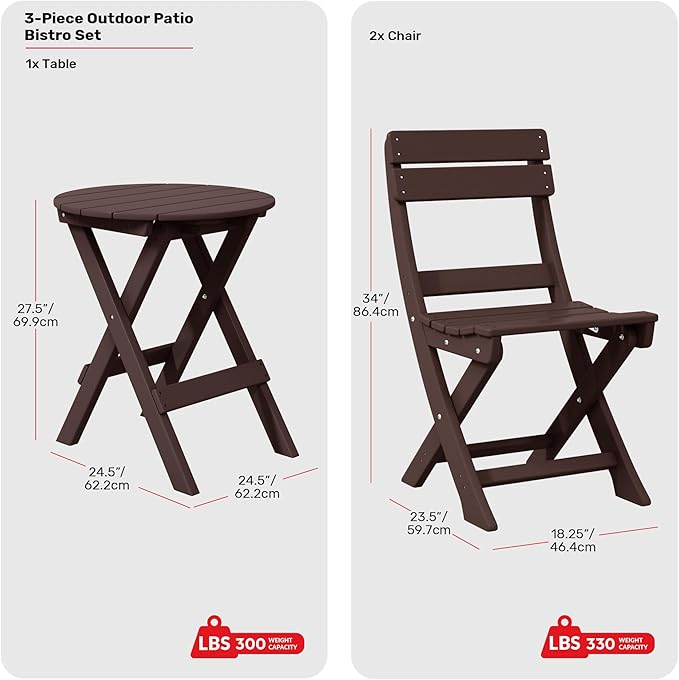 Costaelm Paradise 3-Piece Outdoor HDPE Folding Patio Bistro Table and Chairs, Dark Brown