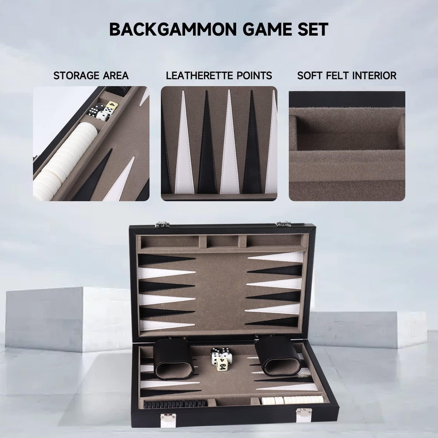 GSE Games & Sports Expert Premium Leather Backgammon Board Game Set, Classic Backgammon Game Set with Leather Case, Travel Folding Board Game (Black&Grey, Small)