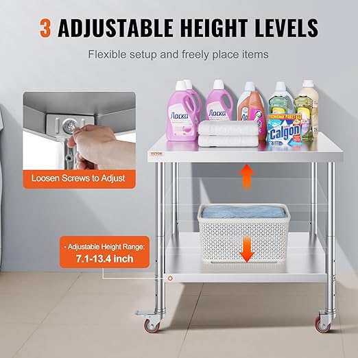 Vevor 30x36x34 Inch Stainless Steel Work Table 3-Stage Adjustable Shelf with 4 Wheels Heavy Duty Commercial Food Prep Worktable with Brake for Kitchen Prep Work : Everything Else