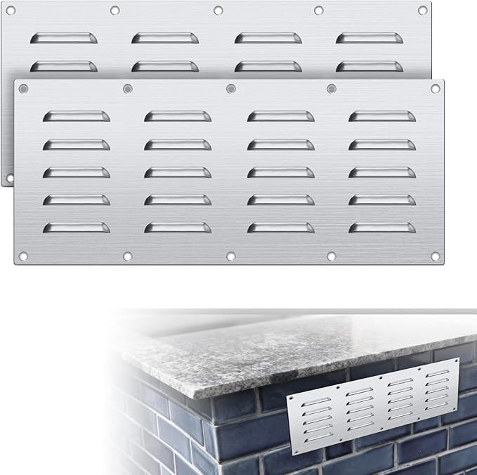 4 Pack Stainless Steel Venting Panel for BBQ Grill Accessory, 15x6.5 Inch (20-Slots), 304 Grade Metal Vent Cover for Masonry Fire Pits & Outdoor Kitchens, Weather Resistant, 15" by 6-1/2"