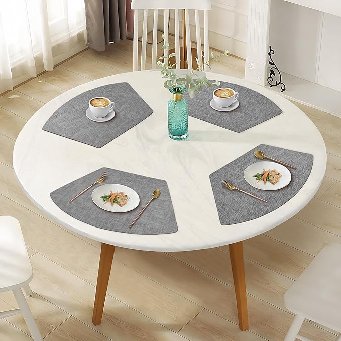 Round Table Placemats Set of 6, Faux Leather Wedge Shape Place Mats Heat Resistant Wipeable Washable Table Mats for Dining Outdoor Indoor, Gray