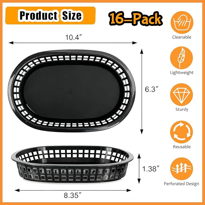 Fast Food Baskets 16-Pack, 10 x 6 Inch Plastic Oval Serving Baskets for Burgers, Bread, Fries & Sandwiches, Restaurant Diner Cafeteria Food Truck Party Use, Reusable&Stackable(Black)