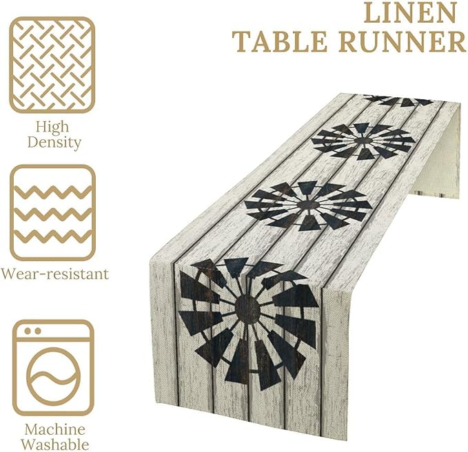 Retro Windmill Table Runner, Rustic Farmhouse Wood Grain Country Style Print Table Runner for Dinning Holiday Party Indoor Outdoor Decor, 13x60inch