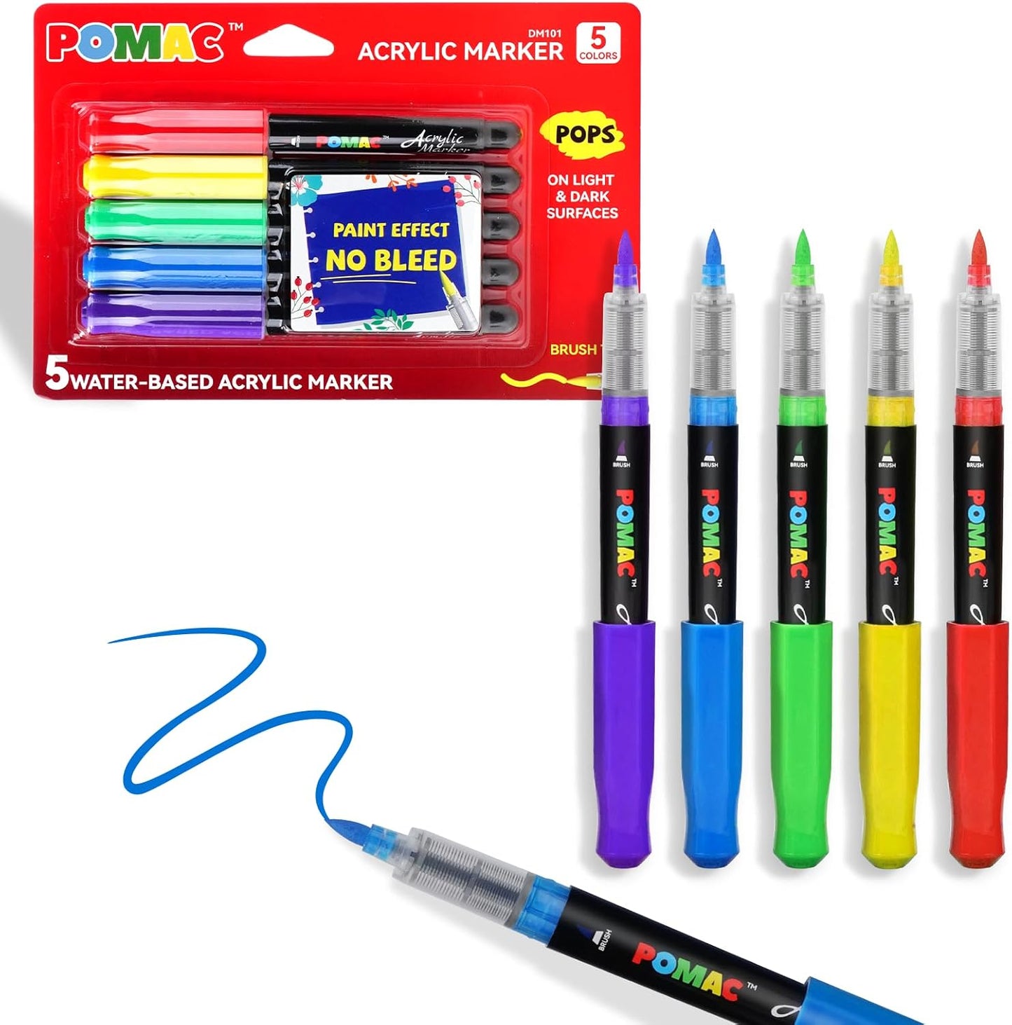 POMAC Acrylic Paint Markers Pens 5 Assorted Colors, Water-Based Paint Markers Pen Brush Tip, No-Bleed Liquid Acrylic Marker Waterproof for Fabric, Canvas, Rock, Glass, Wood, DIY Crafts, Art Supplies
