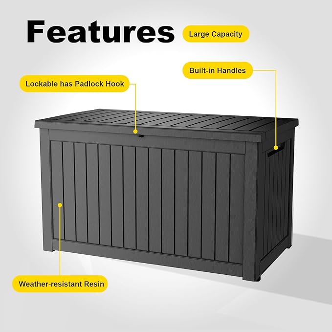 280 Gallon Waterproof Outdoor Storage Box, UV Resistant Resin Deck Box with Hydraulic Rod for Reinforced Stability, Perfect for Patio, Garden, and Pool, Striped Black