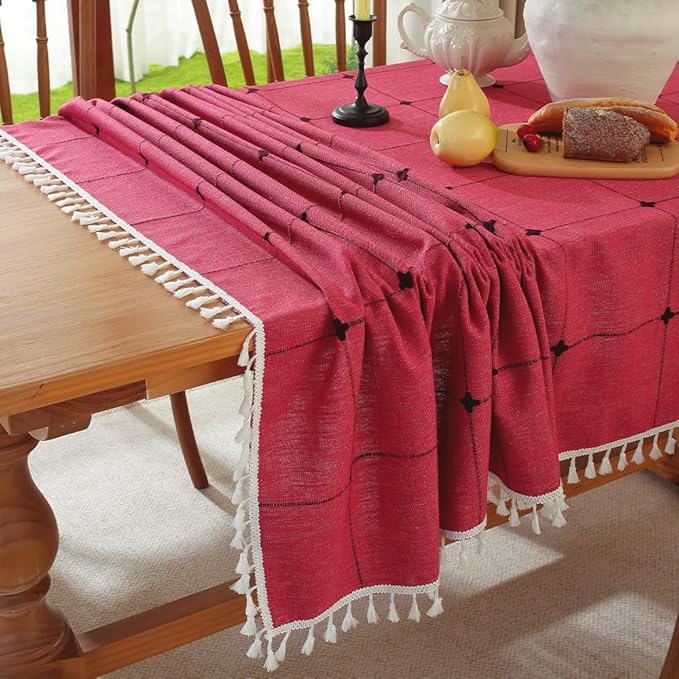 Pahajim Rustic Linen Tablecloth Cotton Rectangle Table Cloth for Kitchen Dining with Tassel Plaid Waterproof Tablecloths Rectangle/Oblong,55''x87'', 6-8 Seats