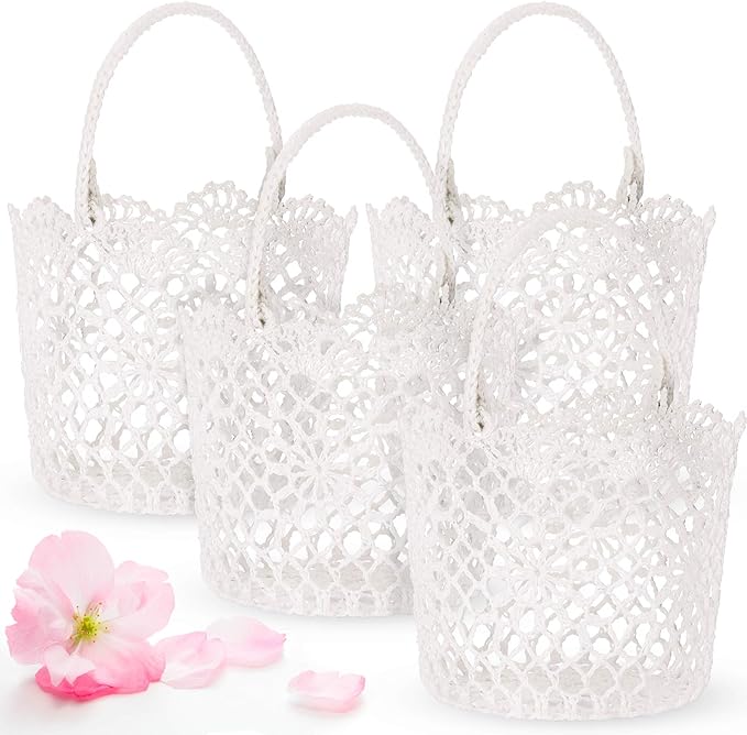 WILLBOND 4pcs White Flower Girl Basket with Handle for Wedding Ceremony, 5.9 x 4.72 x 4.33 Inch