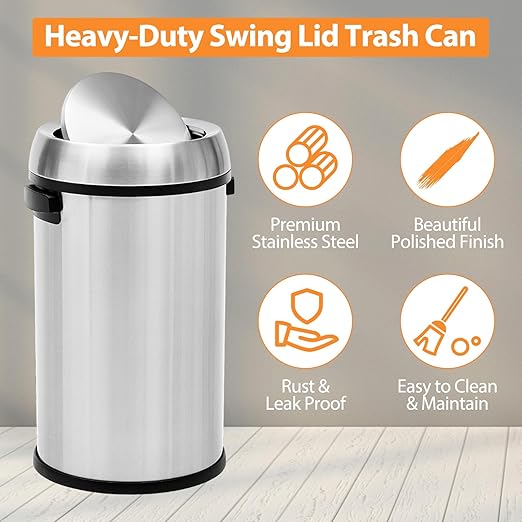 GarveeHome 17 gal/65 L Swing Top Trash Can, Stainless Steel Rubbish Bin, Commercial Grade Waste Container, Round Garbage Can for Outdoor, Home Office, Restaurant, Silver