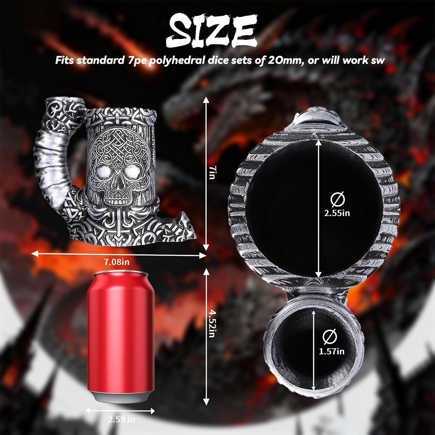 Dice Tower Mug, Dice Rolling Tower, Comes with 7 PCS Dice Set, Suitable for DND Dungeons and Dragons, Tabletop Games, Available As Drink Holder, D&D Gifts, DND Accessories (Silver Skull)