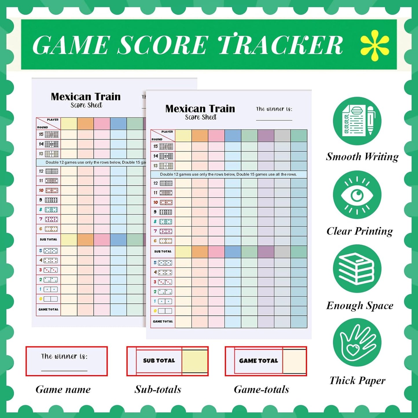 2 Pack 120 Sheets Mexican Train Score Pads Colorful Chicken Foot Dominoes Game Scorepad Adult Mexican Train Score Sheet Scoreboard Paper Record Clearly for Family Game (8 x 5.5 Inches)