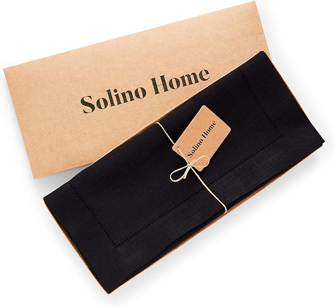 Solino Home Linen Black Table Runner 72 Inches Long - 100% Pure Linen Medium Weight Hemstitch Table Runner 14 x 72 Inch for Dresser, Dining, Winter