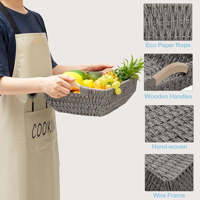 FairyHaus Wicker Baksets 2Pack 15x10x5, Recyclable & Renewable Paper Rope Wicker Storage Bakset with Solid Wood Handles, Wicker Baskets for Shelves Organizing, Grey