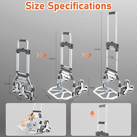Stair Climbing Cart, 220 LBS Aluminum Stair Climber Dolly, Heavy Duty Folding Hand Truck Dolly with 6 Wheels, Telescoping Handle and Elastic Rope for Home, Moving, Groceries, Warehouse