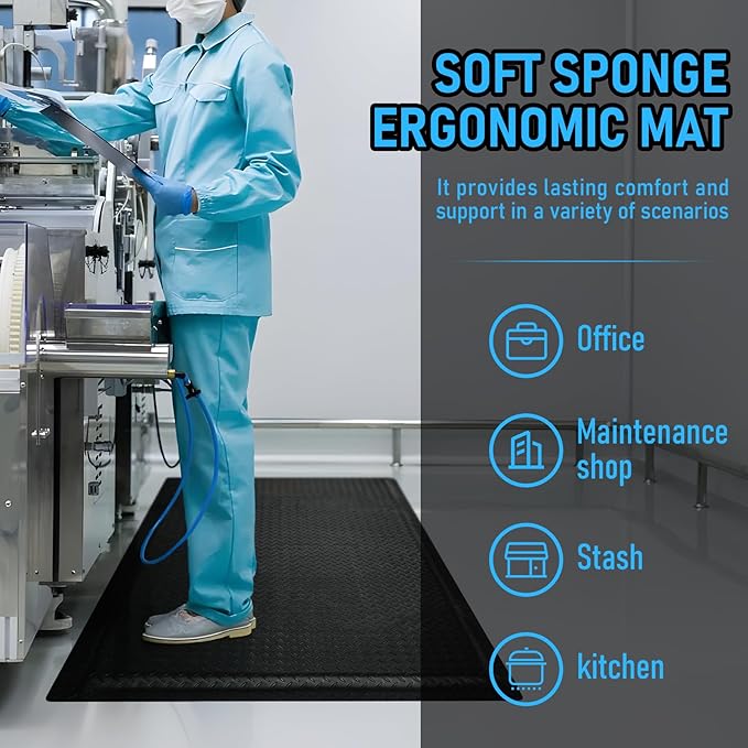 3 x 6 FT Anti Fatigue Mats Industrial 15/16 Inch Thick Soft Sponge Ergonomic Mat Durable Heavy Duty Diamond Plate for Standing Non Slip Industrial Grade Floor Mat for Leg & Back Pain (Black)