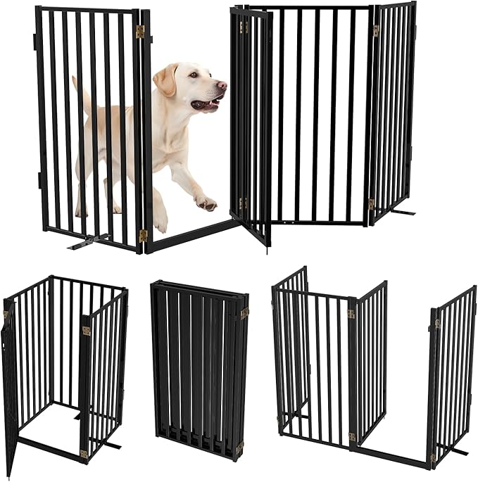 Full Metal Freestanding Dog Gates with Door, 32" Height Dog Fences for Indoor & Outdoor, Extra Wide Foldable Pet Gates for Stairs, Hallways, Doorways, Yard (4 Panels, 80" W × 36" H)