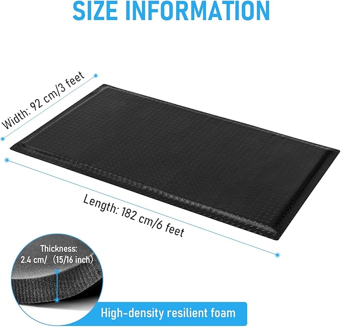 3 x 6 FT Anti Fatigue Mats Industrial 15/16 Inch Thick Soft Sponge Ergonomic Mat Durable Heavy Duty Diamond Plate for Standing Non Slip Industrial Grade Floor Mat for Leg & Back Pain (Black)