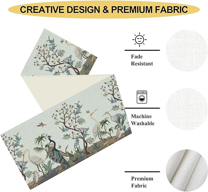 Blue Peacock Table Runner,Rustic Light Blue Crane Floral Branch Table Center Decor for Home Dining Kitchen Patio Holiday Party Indoor Table Decorations, 13"x36"