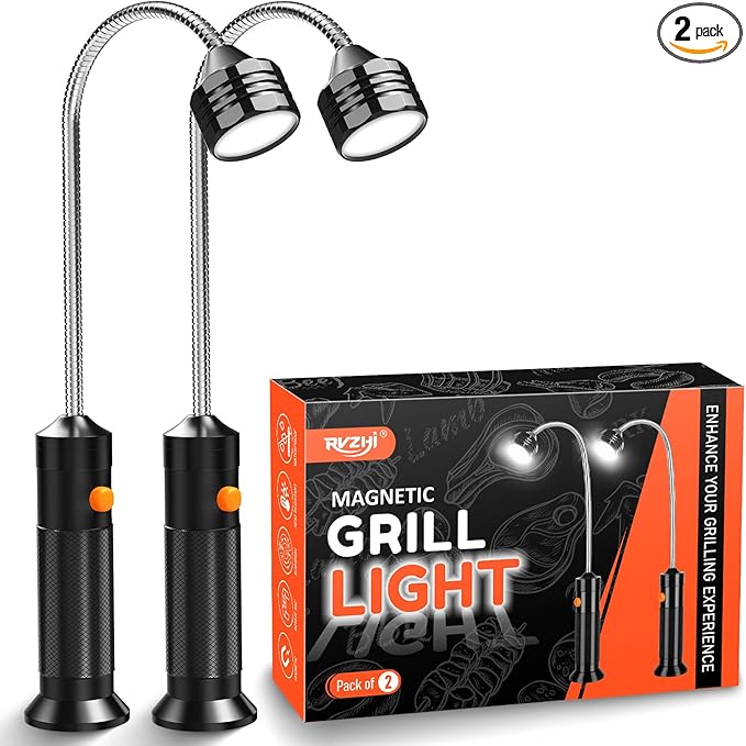 Valentines Day Gifts for Him Unique: 2 Pack RVZHI Grill Light BBQ Grilling Accessories with 8.3" Extended Gooseneck - Bright Magnetic LED Smoker Tools - Mens Valentines Gifts for Dad Husband Boyfriend
