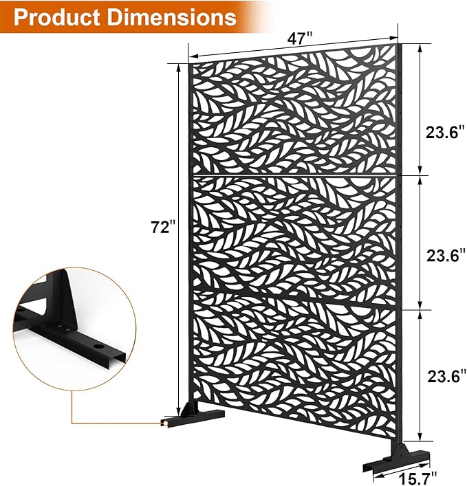 72" H×47" W Metal Privacy Screen, Outdoor Indoor Privacy Screens with Stand Panels, Free Standing Decorative Privacy Screen for Patio