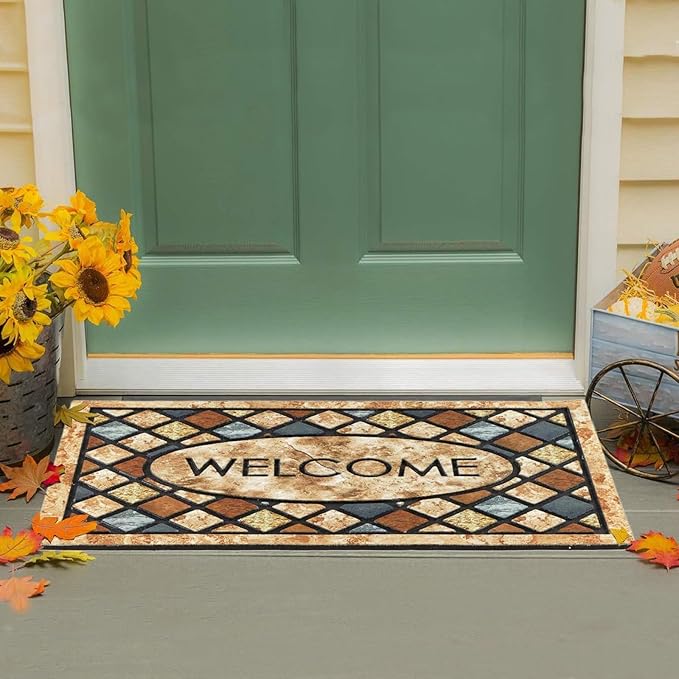 CHICHIC Welcome Door Mat 24x 36 Inch Front Doormat Outdoors for Home Entrance Outdoors Mat for Outside Entry Way Doormat Entry Rugs, Heavy Duty Non Slip Rubber Back Low Profile,Blue Welcome