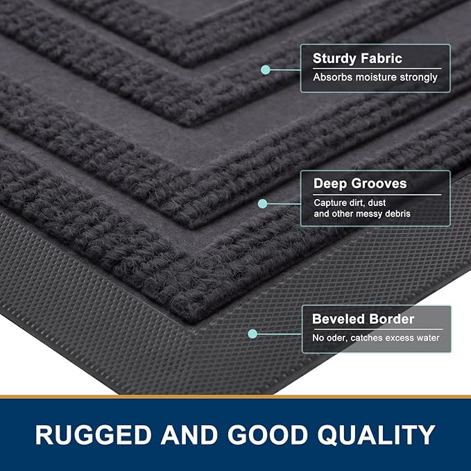 Buganda Front Door Mat Indoor Outdoor Entrance, Non-Slip Natural Rubber Doormats, Easy Clean, Low Profile, Dirt Trapper Entryway Floor Mats for Outside, Garages and Patios, 29.5x17, Light Grey