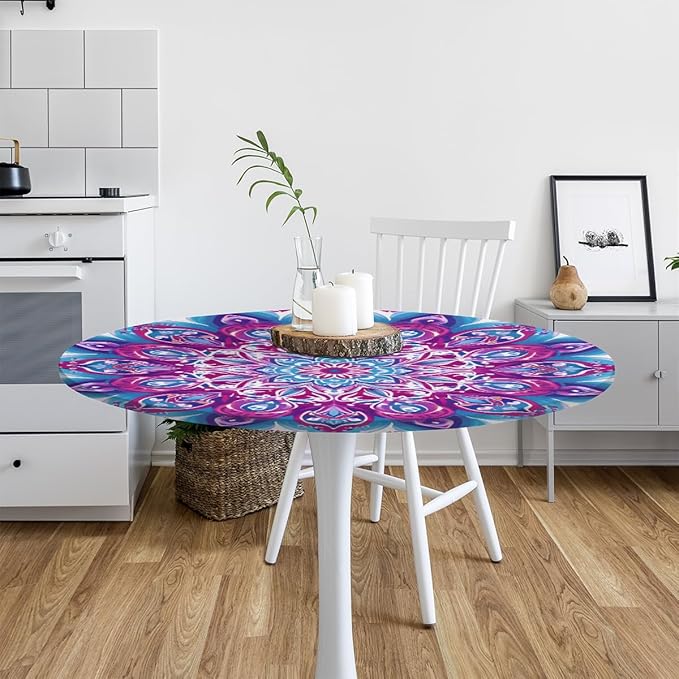 Mandala Vintage Flowers Round Table Cloth Cover, Elastic Edge Waterproof Wipeable Tablecloths 45"-56" Polyester Tablecloth for Party Restaurant Banquet Holiday Camping Outdoor Picnic