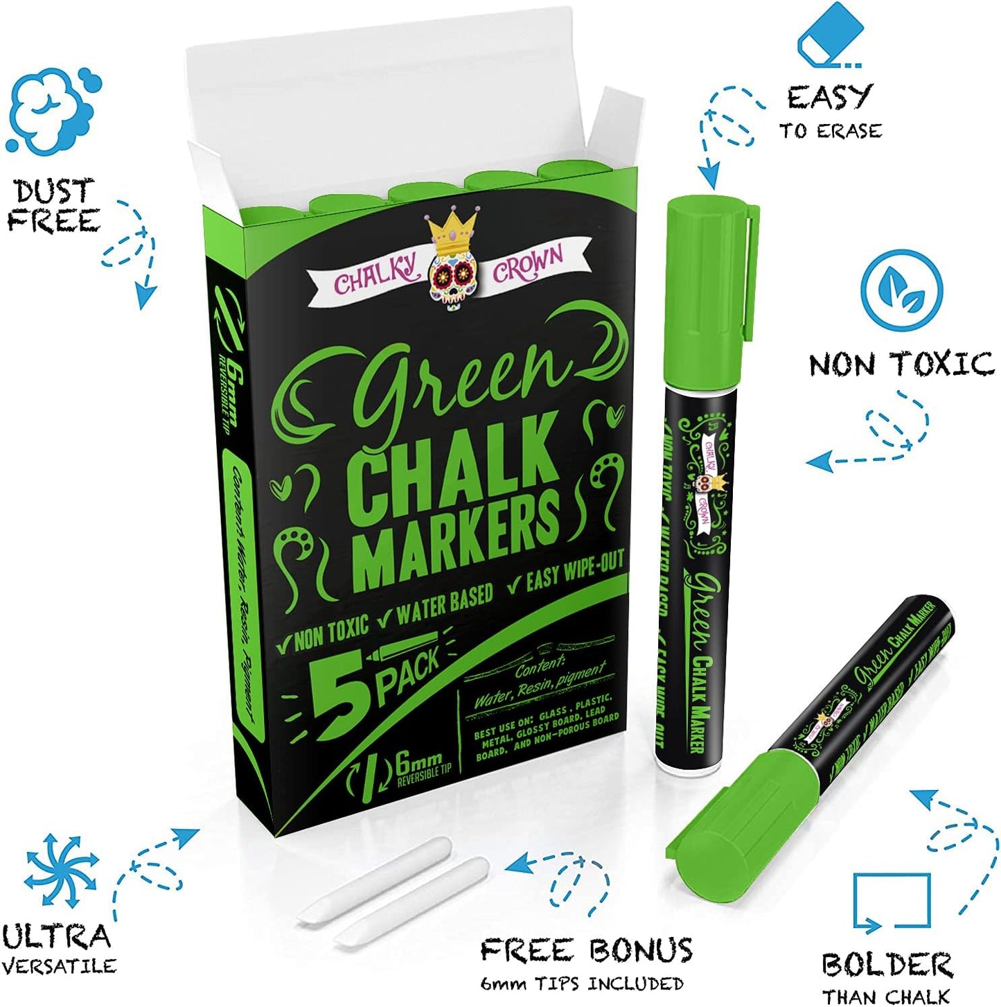 CHALKY CROWN Liquid Chalk Marker Pen - Dry Erase Marker - Chalk Markers for Chalkboard Signs, Windows, Blackboard, Glass - 6mm Reversible Tip (Green, 5 Pack)