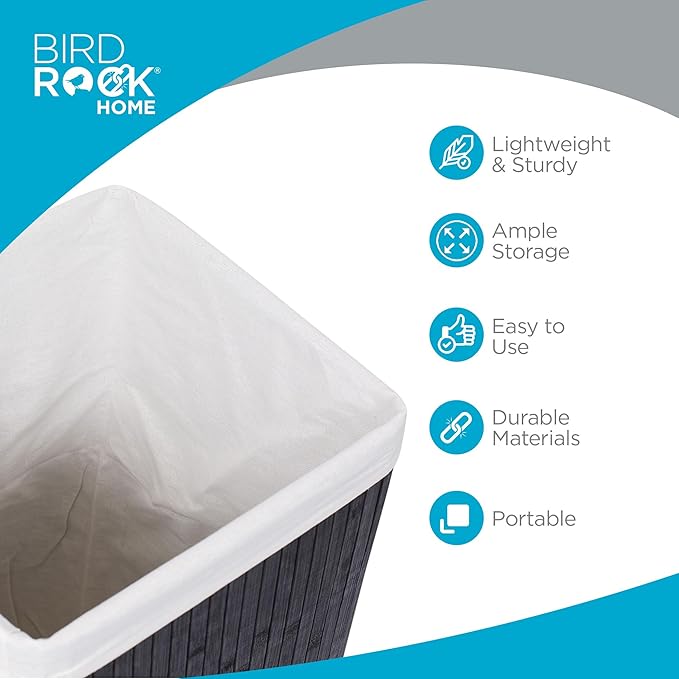 BIRDROCK HOME Square Laundry Hamper with Lid and Cloth Liner, Medium Basket with Soft Handles, Durable Collapsible Fabric Bin for Clothes,Towels, Dorm, Narrow Closet, Bedroom, Dirty Laundry - Espresso