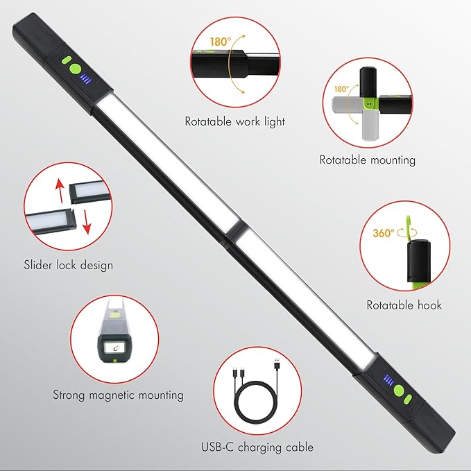Wagan EL4346 Detachable LED 1200 LM Rechargeable Work Light Portable Mechanic Light Bar with Magnetic and Hooks Cordless Underhood Bright Work Lamp for Car Repairing Garage Workshop