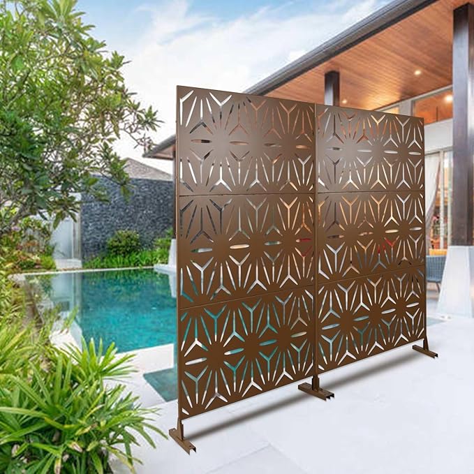 Outdoor Privacy Screen, 76" H x 48" W Decorative Metal Panel, Steel Privacy Divider with Freestanding Base, Ideal for Garden, Patio, or Balcony, Brown