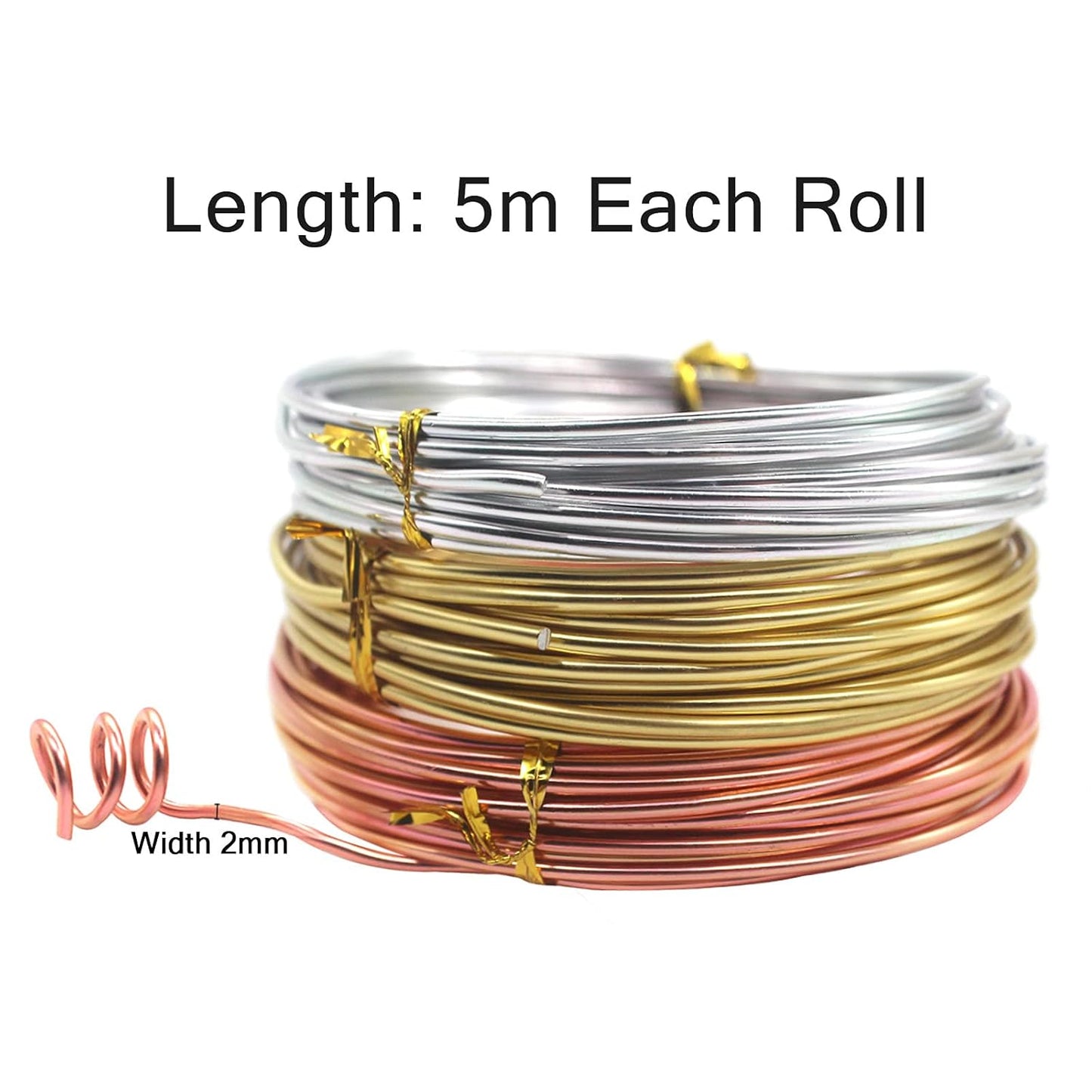 Cinvo 3 Rolls Craft Wire Jewelry Beading Wire Flexible Aluminum Wire Tarnish Resistant for DIY Jewelry Craft Making (12 Gauge/2mm Thick, Silver, Gold and Rose Gold)