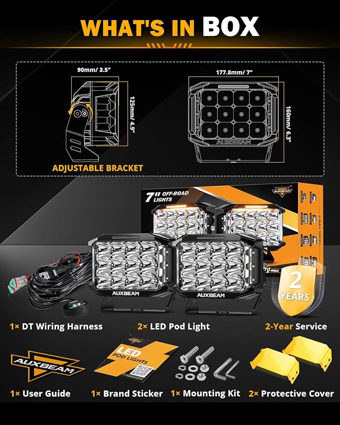 Auxbeam V-MAX Series 204W LED Driving Pod Lights, 7Inch Rectangle Offroad Spotlight with Amber DRL & Backlight, 270° Side Shooter Ditch Auxiliary Spot Flood Combo Beam for Truck Jeep Pickup SUV ATV