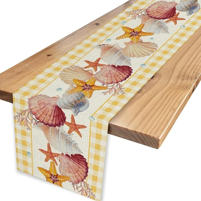 Coastal Table Runners, Yellow Plaid Buffalo Nautical Ocean Starfish Coral Seashell Pearl Beach Summer Coffee Table Center Decor for Family Wedding Holiday Party Farmhouse Table Decorations, 13" X 36"