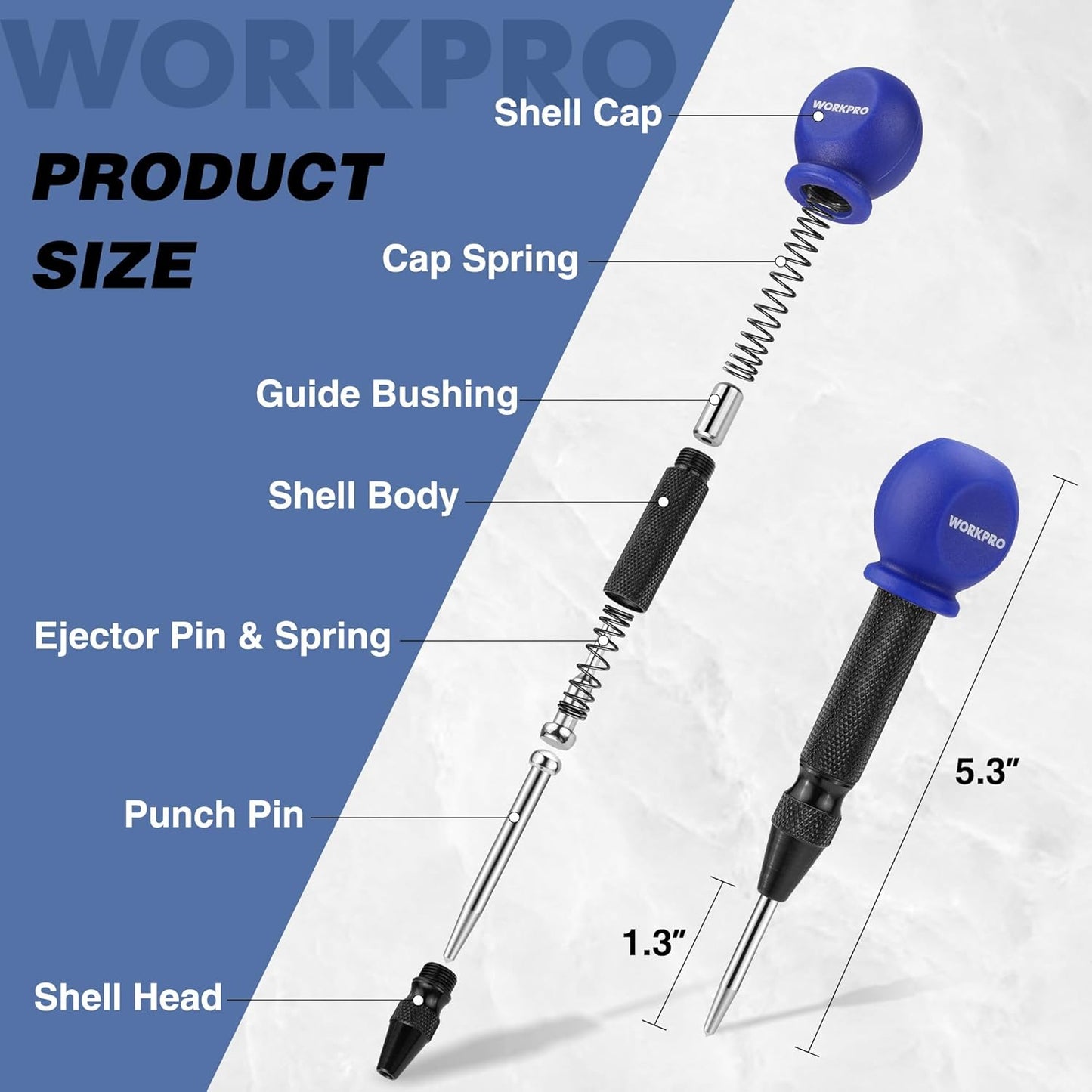 WORKPRO 5" Automatic Center Punch for Metal, Adjustable Spring Loaded Center Punch with Cushion Cap, Metal Punch Tool, Center Hole Punch for Wood, Metal, Plastic