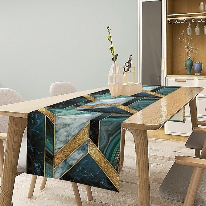 Marble Table Runner, Dark Green Gold Modern Mosaic Design Table Runner Decoration for Kitchen Family Dinner Table Holiday Party Farmhouse 13x70in