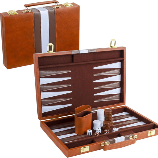 Backgammon Set 2 Players Classic Backgammon Sets for Adults Board Game with PU Leather Case Portable and Travel Backgammon Set (Brown, 15inch)