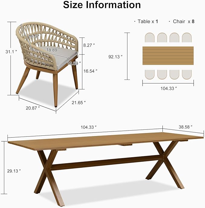 PURPLE LEAF Outdoor Dining Set All-Weather PE Rattan Outdoor Patio Furniture Set with All Aluminum Frame Rectangular Table and Chairs 9 Pieces Set for Lawn Garden Backyard Deck, Teak