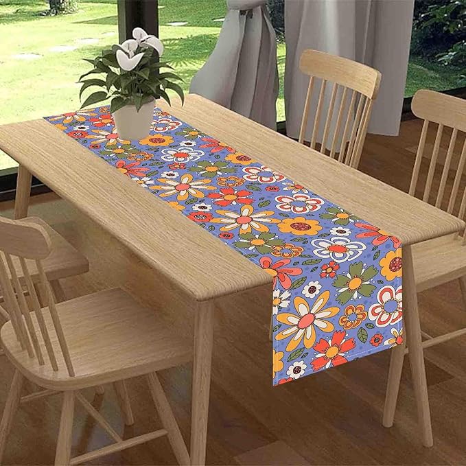 70s Floral Table Runner, Retro Groovy Hippie Lovely Floral Funky Daisy Trippy Coffee Table Center Decor for Home Kitchen Dining Patio Holiday Party Indoor Outdoor Table Decorations, 13"x36" Inch