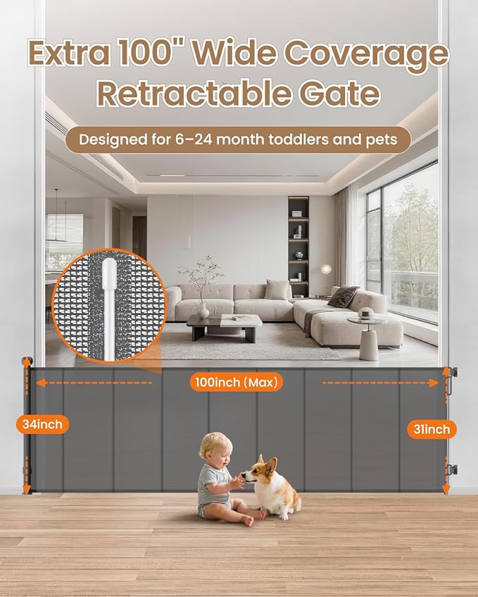 Reinforced Retractable Baby Gate, 100" Wide Child Safety Gate with 8 Support Rods, 34" Tall Scratch-Resistant Mesh Dog Gate for Staircase, Garage, Garden, Outdoor, Gray