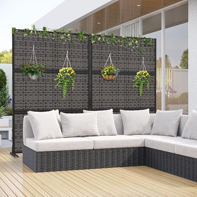 Casaphoria Metal Privacy Screen Outdoor, 72" H x 47" W Freestanding Decorative Privacy Screen for Patio Deck Balcony Garden with Stable Base, Black-crossbanding
