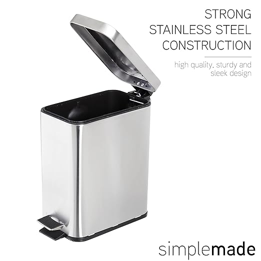 SIMPLEMADE Rectangle Step Trash Can - 5 Liter / 1.3 Gallon - Small with Lid, Stainless Steel for Bathroom | Office | Garbage | Metal Wastebasket (Steel)