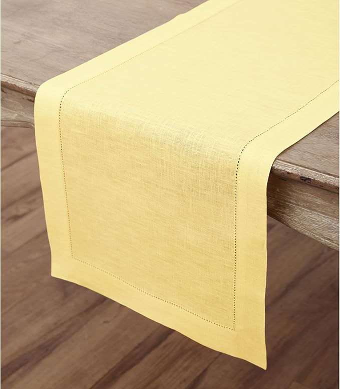 Solino Home Linen Yellow Table Runner 108 Inches Long - 100% Pure Linen 14 x 108 Inch Table Runner for Valentines, Spring, Easter - Classic Hemstitch